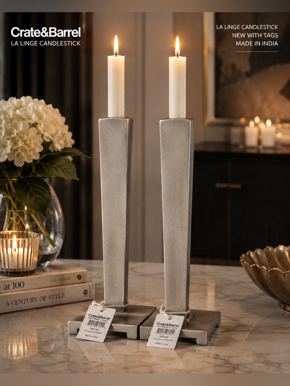 Crate and Barrel La linge metal pewter candlestick holders 2 New holiday formal